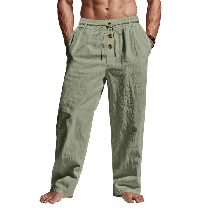 Men's casual linen relax pants with elastic tunnel drawstring waistband, cord drawstring and decorative button placket Mune Fashion