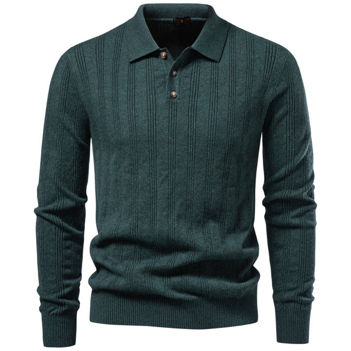Men's Long Sleeve Fine Knit Polo Shirt with Textured Stripes and Ribbed Hem Mune Fashion