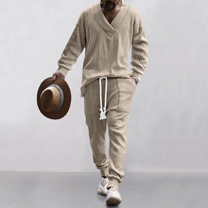 Men's Structured Knit Lounge Set with Deep V-Neck and Drawstring Pants Mune Fashion