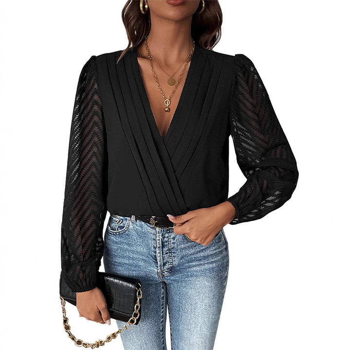 Women's Elegant Wrap Blouse with Pleated V-Neck and Transparent Chevron Sleeves Mune Fashion