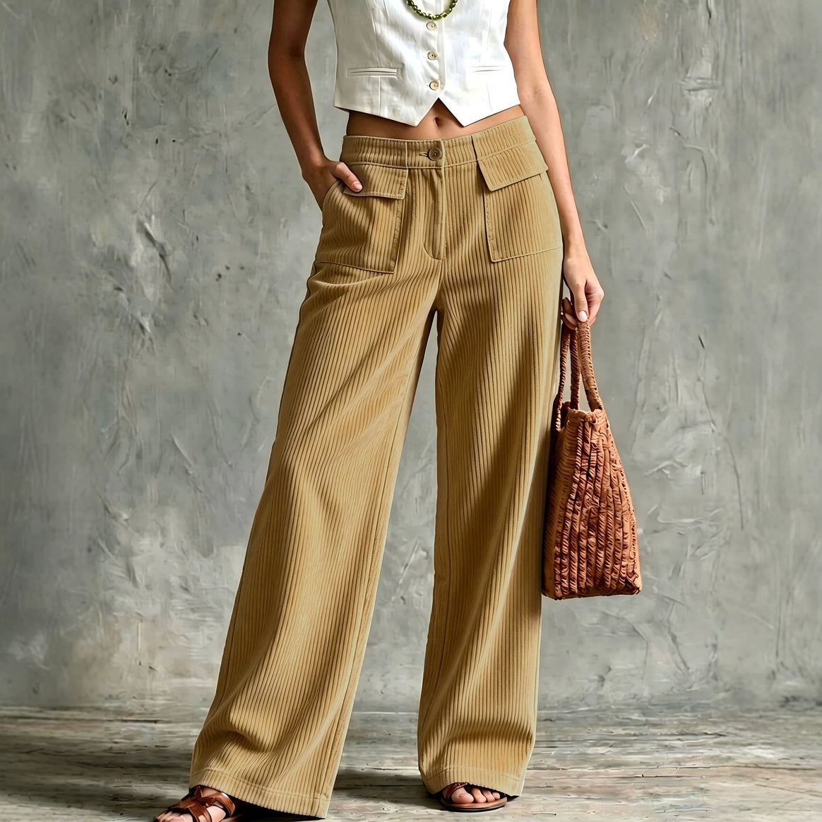 Women's Wide Cord Palazzo Pants with High Waist and Flap Pockets Mune Fashion