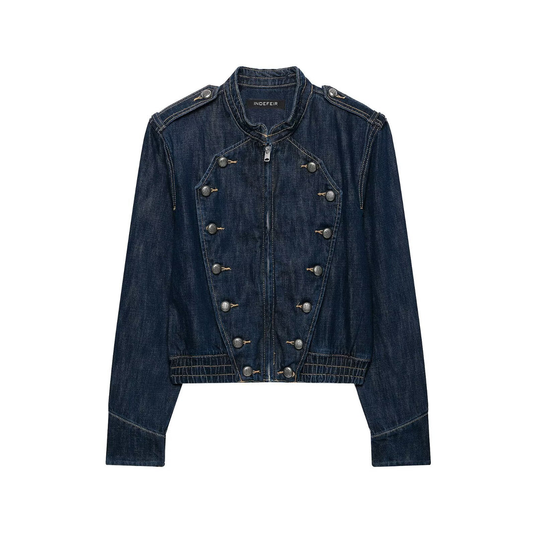 Women's Cropped Denim Field Jacket with Decorative Double Row and Stand-Up Collar Mune Fashion