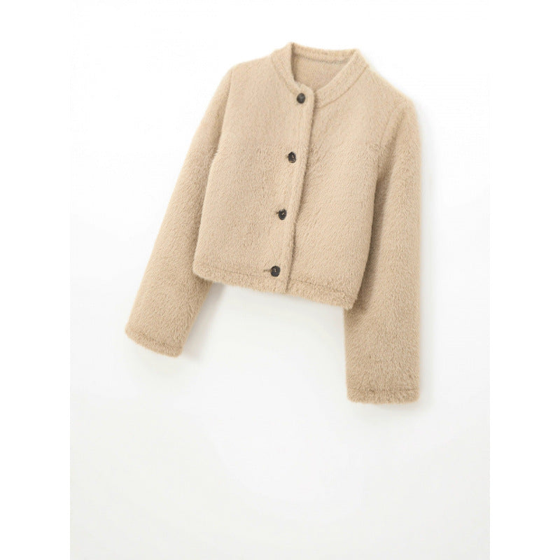 Women's Cropped Teddy Jacket with Straight Hem, Round Neck and Horn Button Closure Mune Fashion
