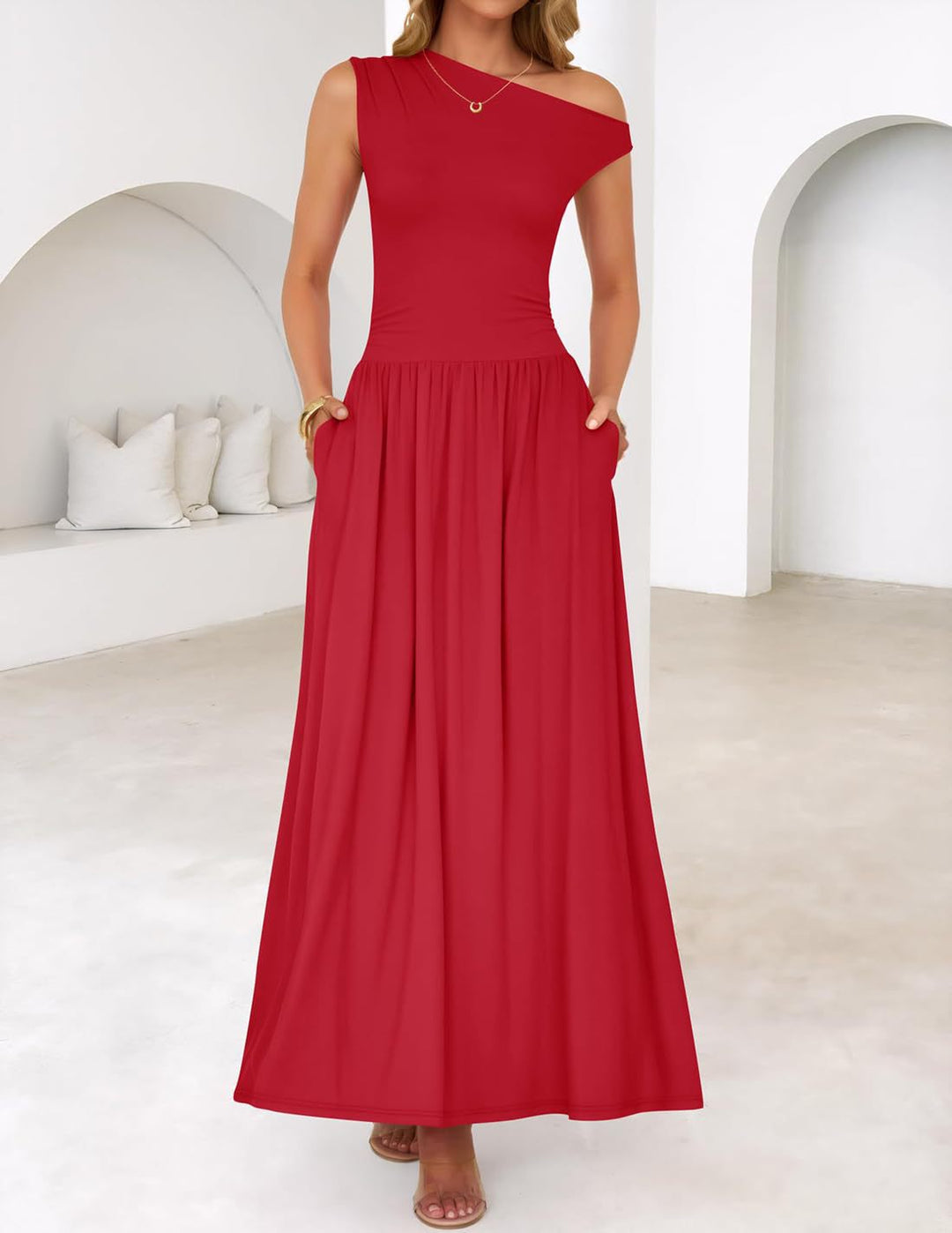 Women Asymmetrical Maxi Dress with One-Shoulder, Waist Emphasis and Side Pockets Mune Fashion