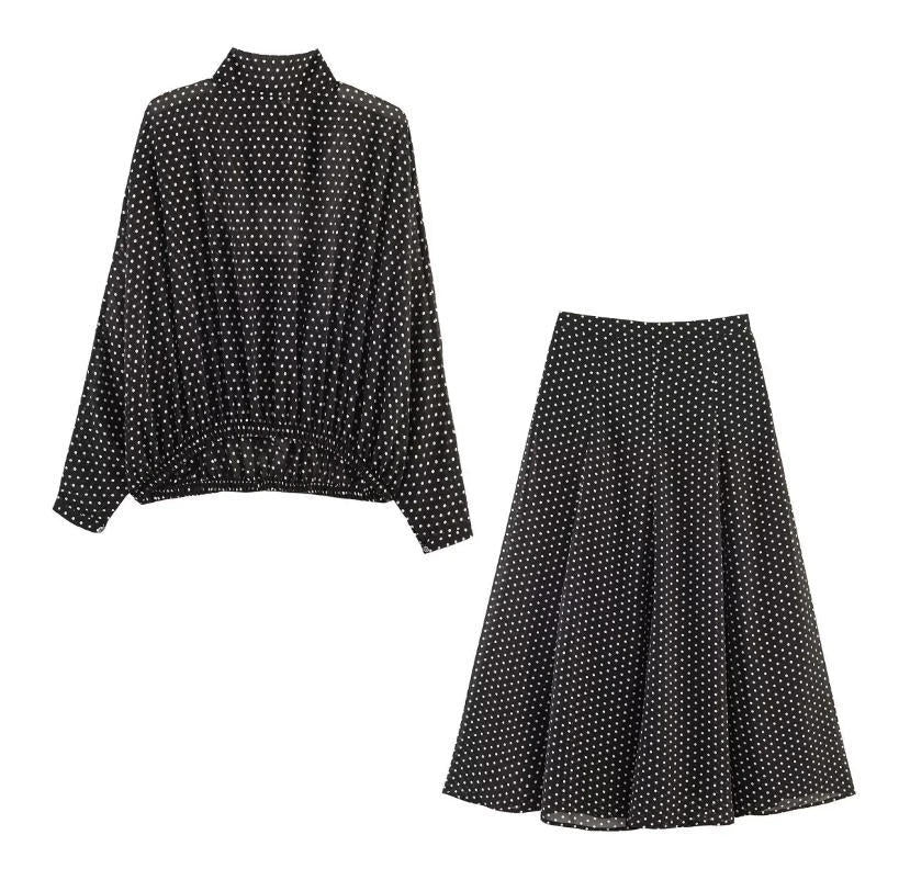 Women's Two-Piece Polka Dot Set with Stand Collar Blouse and Flared Midi Skirt Mune Fashion