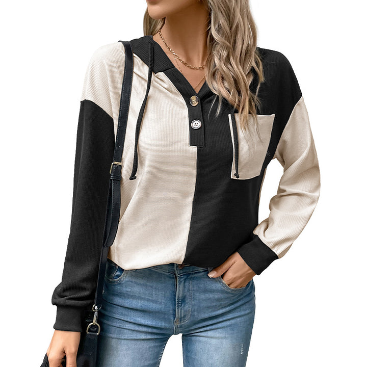 Women's Casual Hoodie Top with Button Placket and Color Block Design Mune Fashion