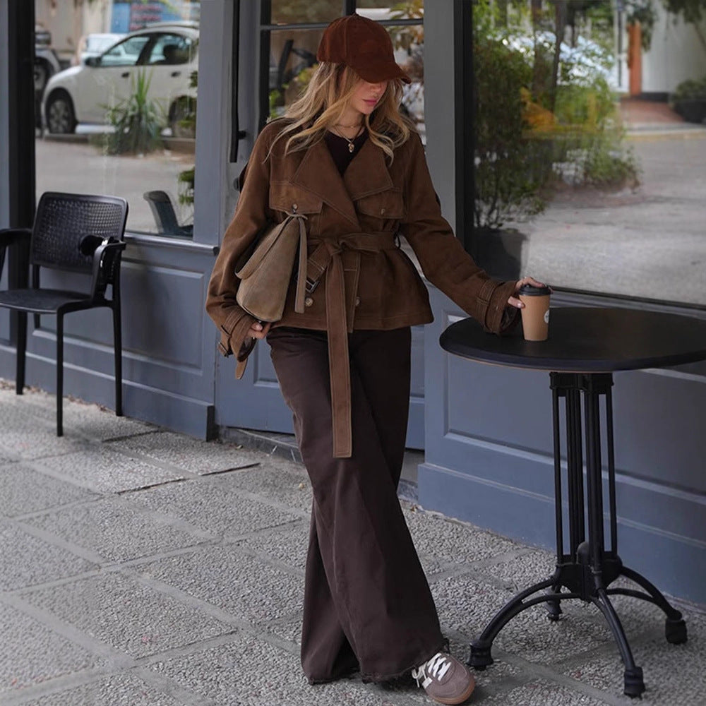 Women's Short Cut Suede Trench Coat with Waist Belt and Adjustable Cuffs Mune Fashion