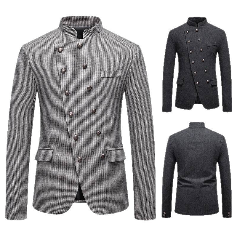 Men's fashionable military blazer with standing collar, decorative button row, and fine texture Mune Fashion