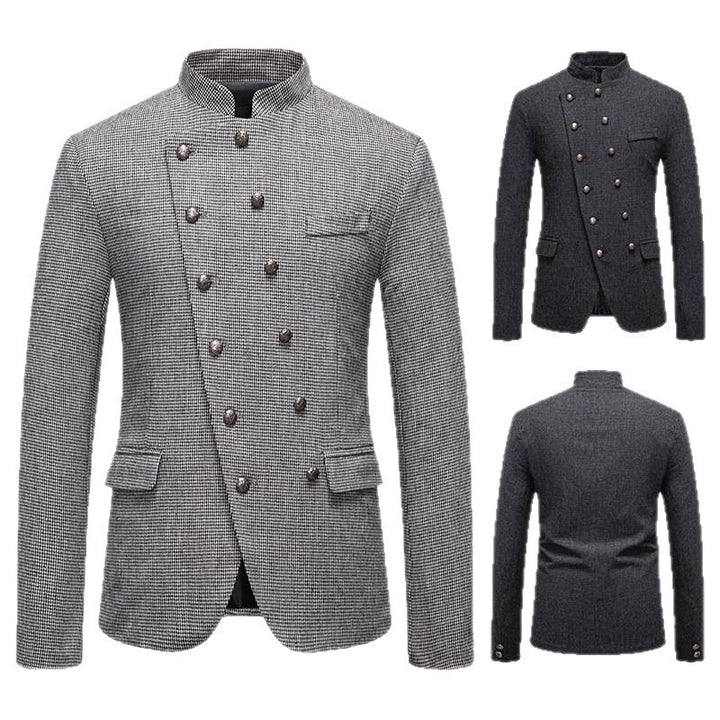 Men's fashionable military blazer with standing collar, decorative button row, and fine texture Mune Fashion
