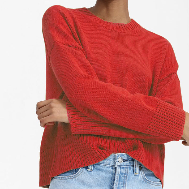 Women's Oversized Fine Knit Sweater with Round Neck, Dropped Shoulder, and Wide Ribbed Hem Mune Fashion