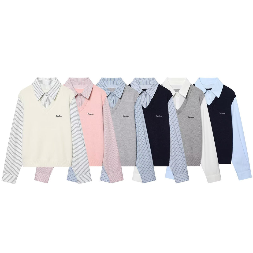 Ladies Layered Look Shirt with V-Neck Knit Vest Mune Fashion