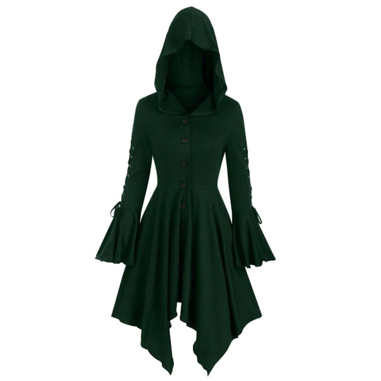 Women's Hooded Dress Coat with Asymmetric Turtleneck Hem and Tied Bell Sleeves Mune Fashion