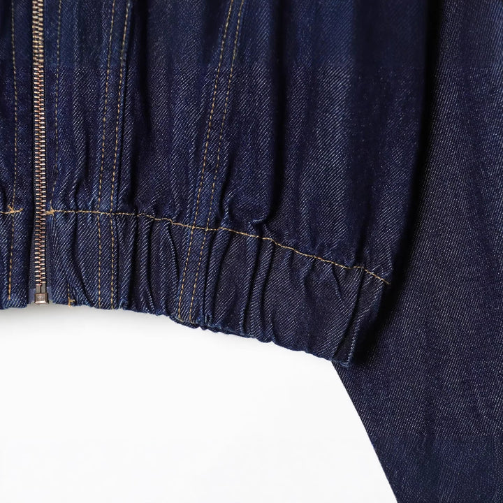 Women's Short Denim Jacket with Zipper, Tailored Drawstring and Western Details Mune Fashion