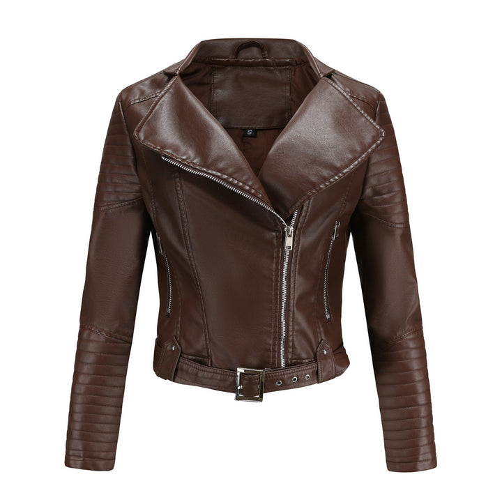 Women's cropped motorcycle jacket in biker look with asymmetric zipper and quilted sleeve part Mune Fashion