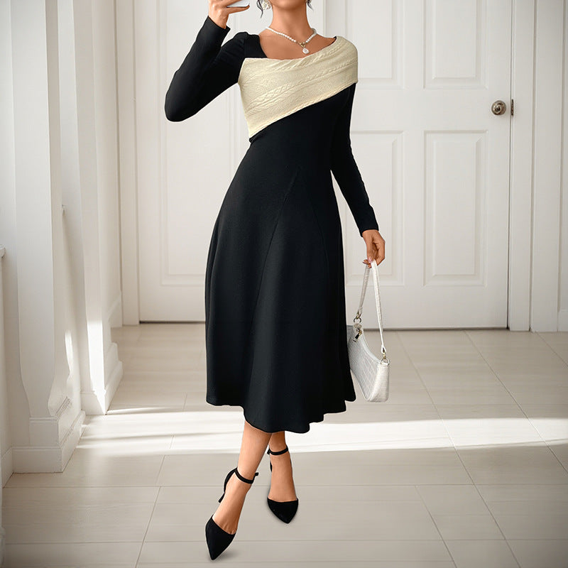 Women Asymmetric Midi Dress with Contrasted Knitted Shoulder and Tailored Silhouette Mune Fashion
