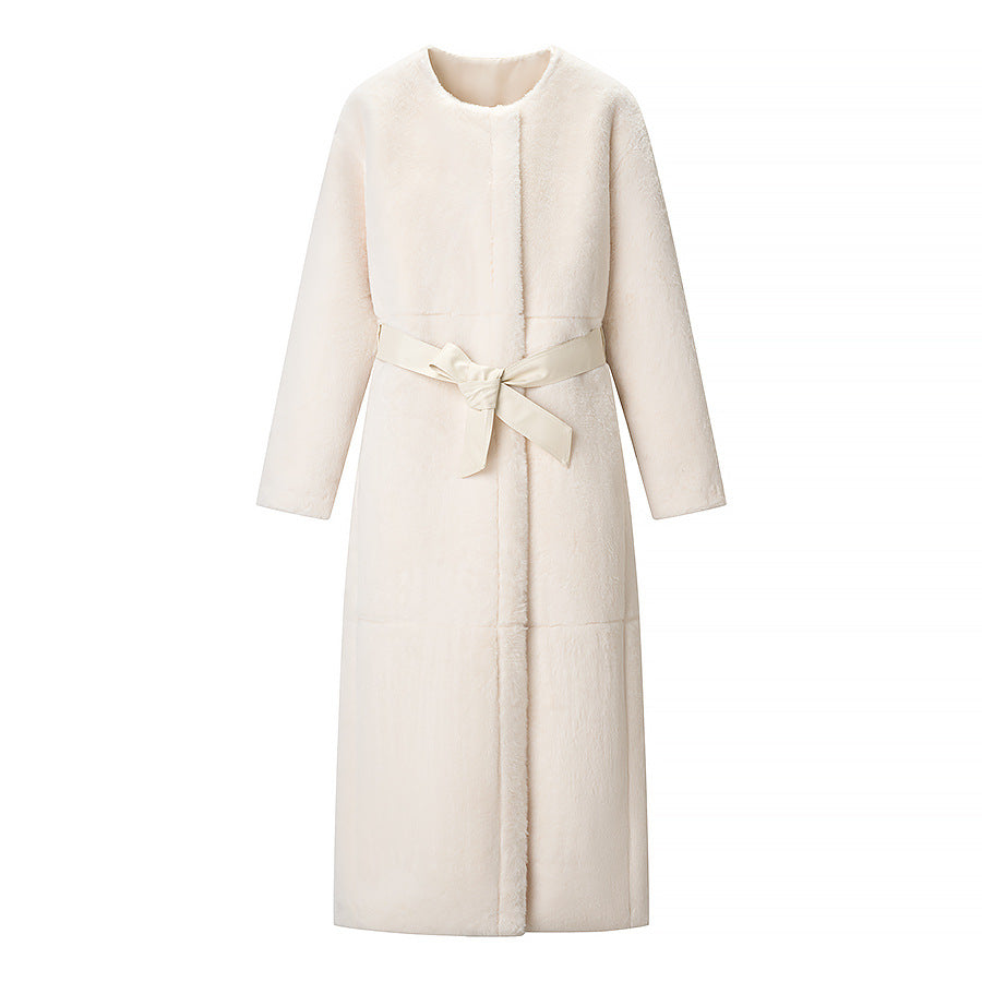 Women Maxilength Oversized Teddy Coat with Minimalist Stand Collar and Concealed Snap Button Placket Mune Fashion