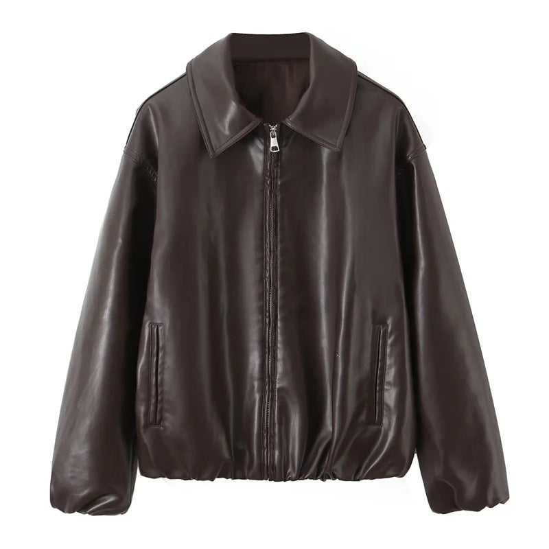 Women's Oversize Faux Leather Bomber with Shirt Collar, Concealed Zipper and Balloon Sleeves Mune Fashion