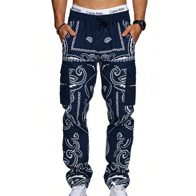 Men's cargo pants with bandana print, elastic waistband, and zipper pockets Mune Fashion