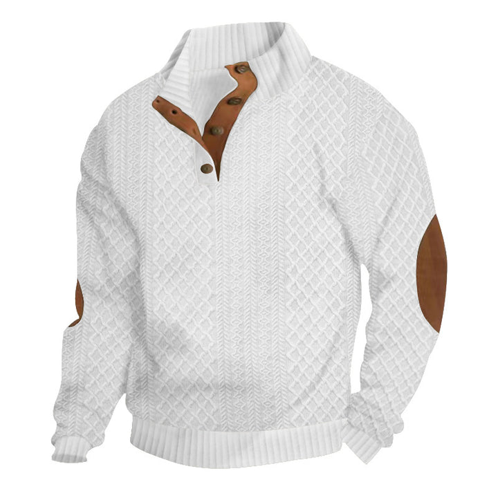 Men's chunky knitted sweater with elbow patches, stand collar and button placket Mune Fashion
