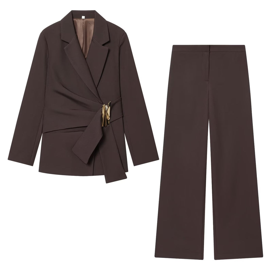 Women's Two-Piece Wrap Blazer and Palazzo Suit Set with Decorative Belt Mune Fashion