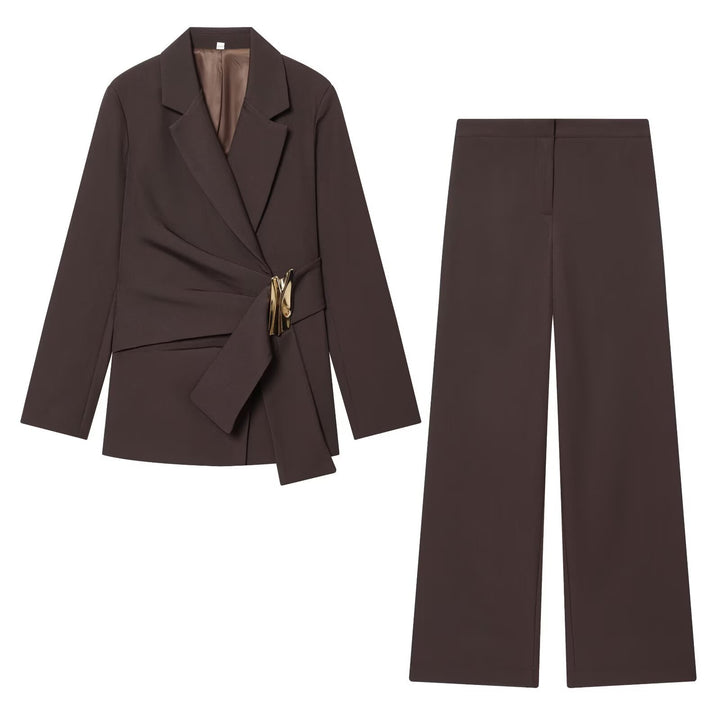 Women's Two-Piece Wrap Blazer and Palazzo Suit Set with Decorative Belt Mune Fashion