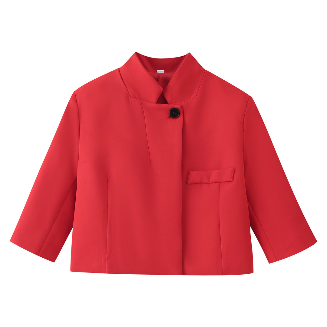 Women's short blazer with stand-up collar, boxy cropped silhouette and single-button closure Mune Fashion