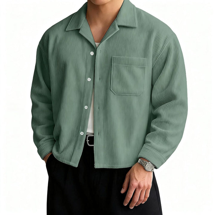 Men's ribbed long sleeve shirt with lapel collar, chest pocket, and relaxed fit Mune Fashion