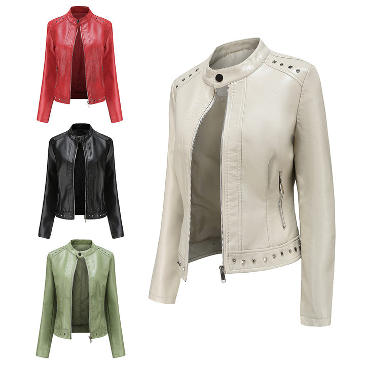 Women's cropped tailored faux leather jacket with stand-up collar two-way zipper and decorative stud hem Mune Fashion