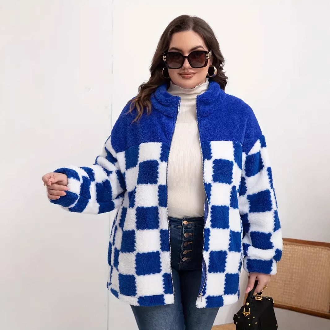 Women's Checked Design Teddy Fleece Jacket with Stand-Up Collar, Zipper and Oversized Cut Mune Fashion