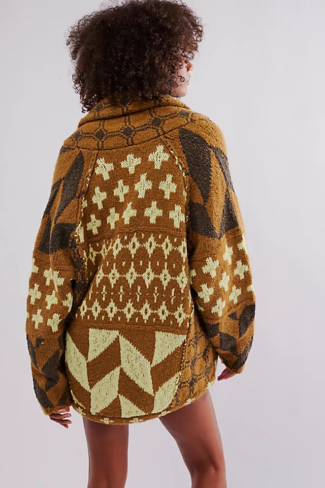 Ladies Oversized Cardigan with Shawl Collar and Graphic Pattern Mune Fashion