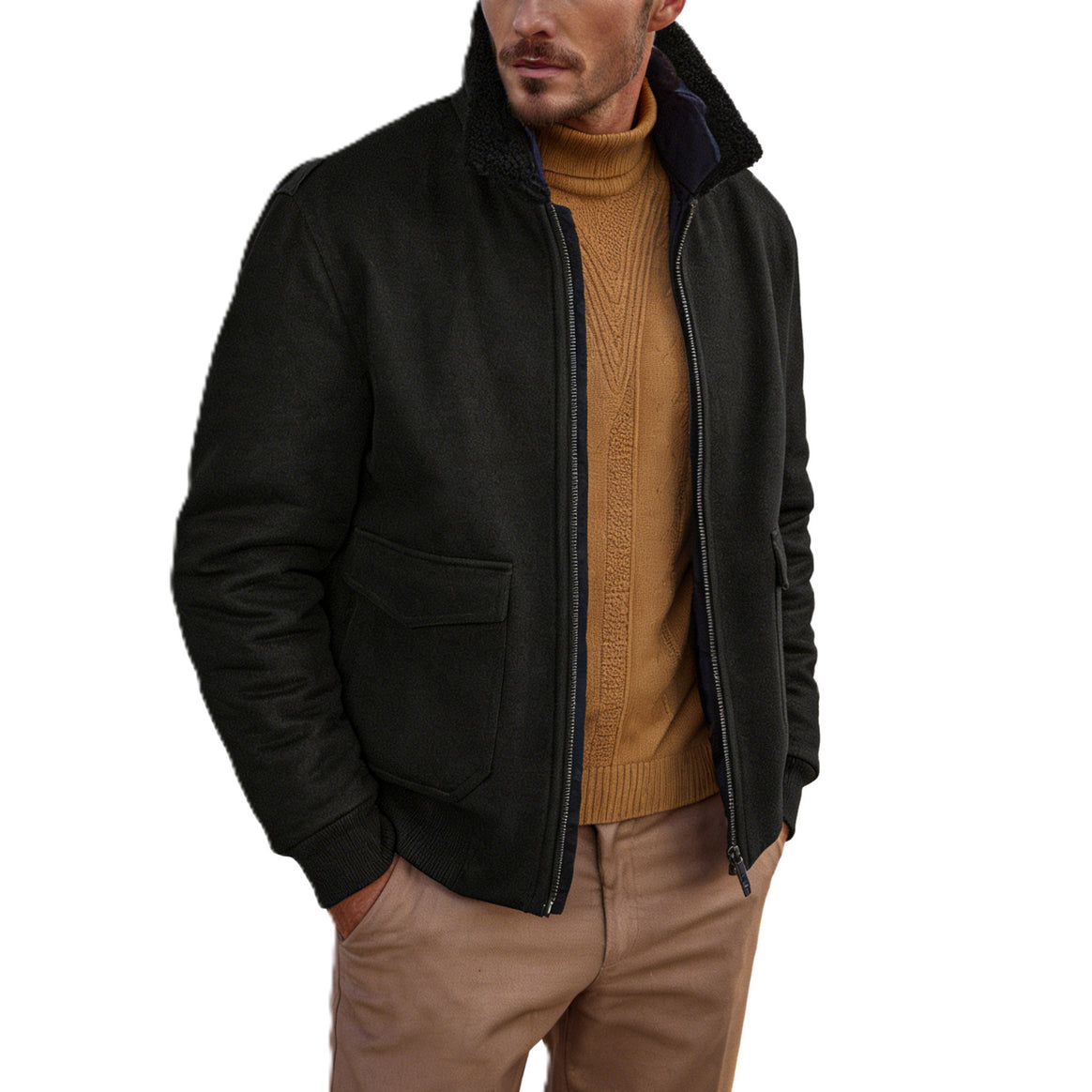 Men's Short Bomber Jacket with Teddy Collar, Cargo Flap Pockets and Zipper Mune Fashion