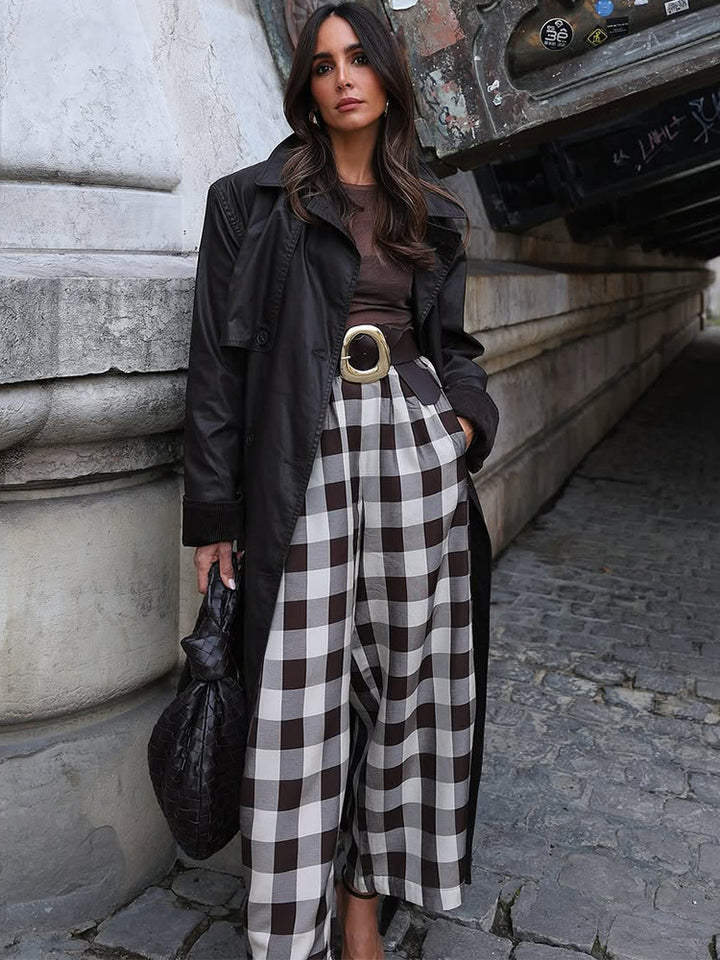 Women's Checked High-Waisted Palazzo Pants with Wide Leg & Pleats Mune Fashion
