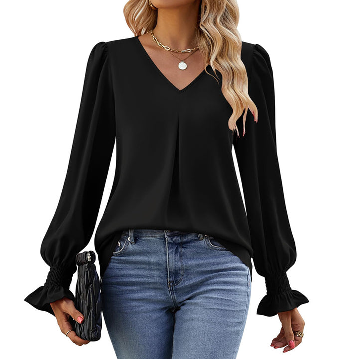 Women's V-neck blouse with pleat and gathered cuffs Mune Fashion
