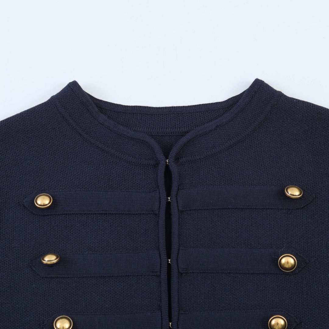 Women's Cropped Military Blazer Jacket with Stand Collar, Decorative Trim and Gold Buttons Mune Fashion