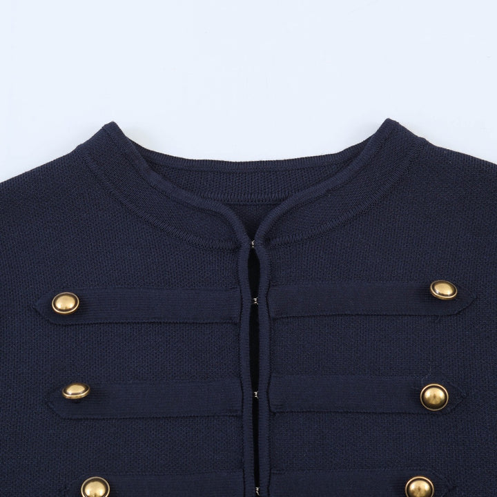 Women's Cropped Military Blazer Jacket with Stand Collar, Decorative Trim and Gold Buttons Mune Fashion