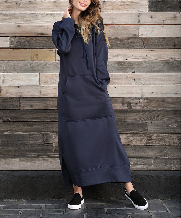 Women's long hooded sweat dress with kangaroo pocket, side slits and loose oversized fit Mune Fashion