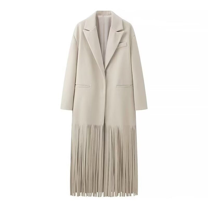 Women’s long coat with long fringe hem, boxy oversized silhouette, and lapel collar Mune Fashion