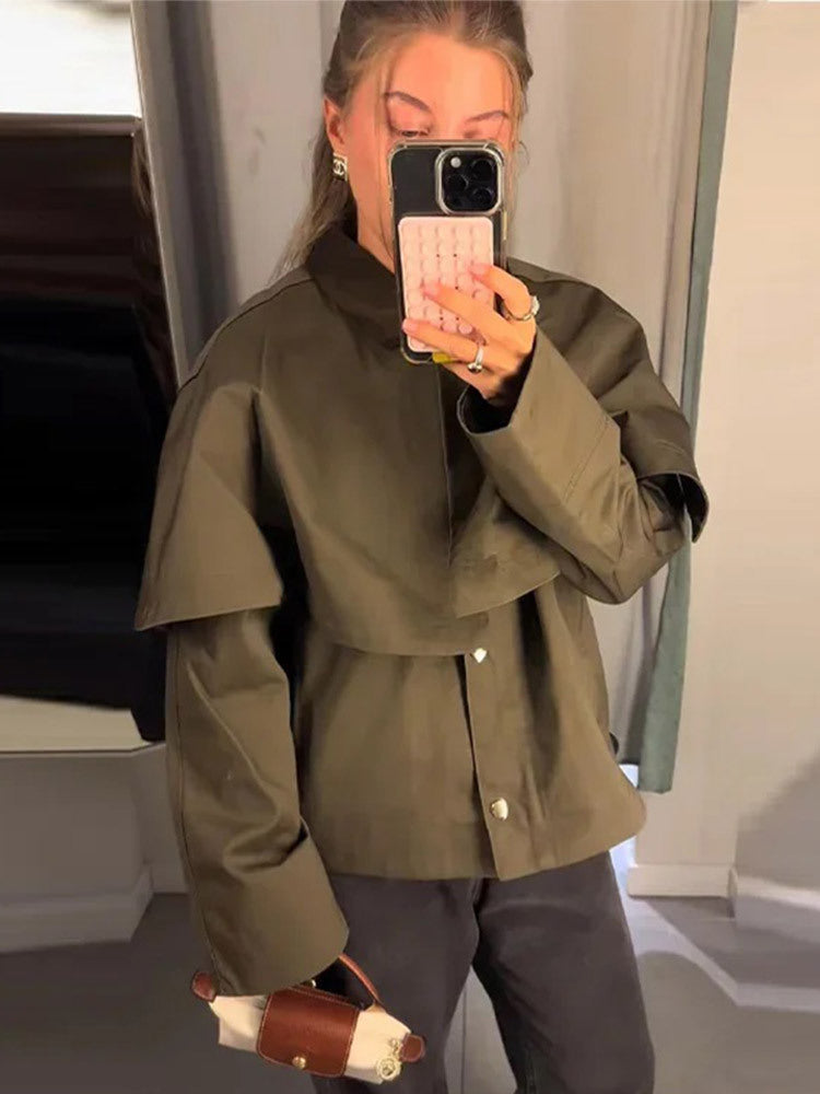 Women's Short Trench Coat with Cape Overlay and Oversized Sleeves Mune Fashion