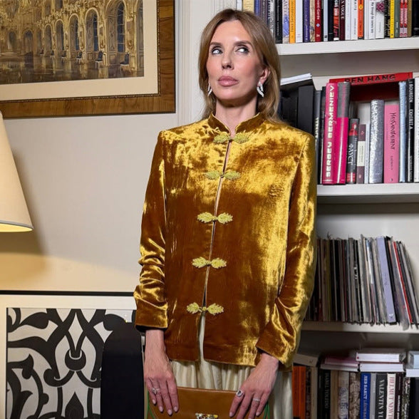 Women’s velvet jacket with Mandarin collar and decorative knot fastenings Mune Fashion