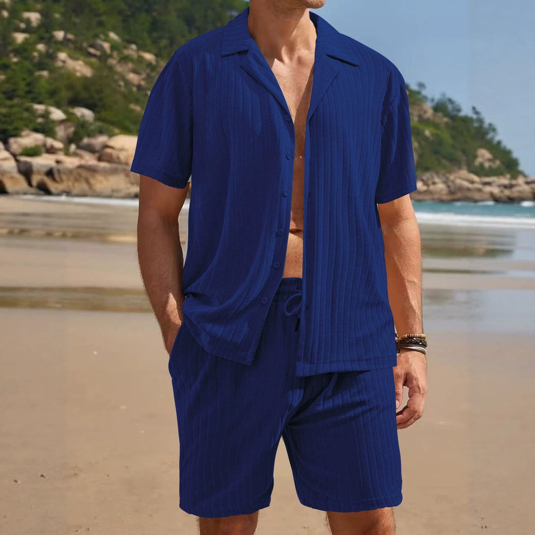 Men's fine ribbed short-sleeve knitted shirt with notch collar and full-button placket Mune Fashion