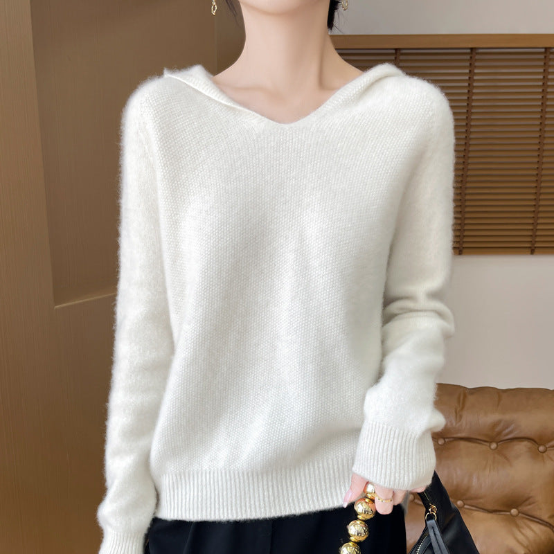 Women's Soft Mohair-Optic Hooded Sweater with V-Neck and Ribbed Hem