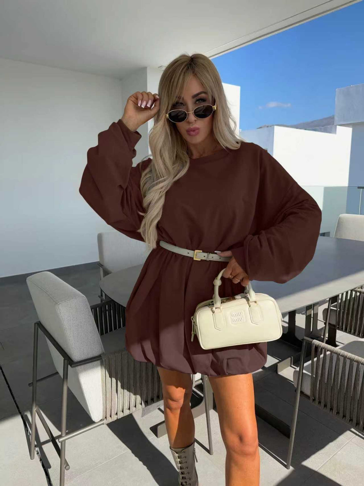 Ladies sweatshirt dress with balloon sleeves and waist belt Mune Fashion