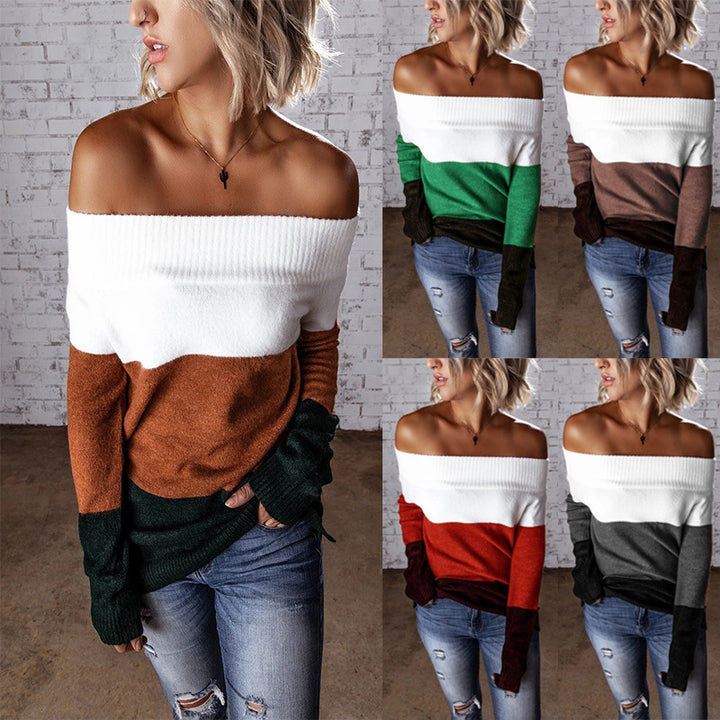 Women Off-Shoulder Colorblock Knit Sweater with Folded Collar Mune Fashion