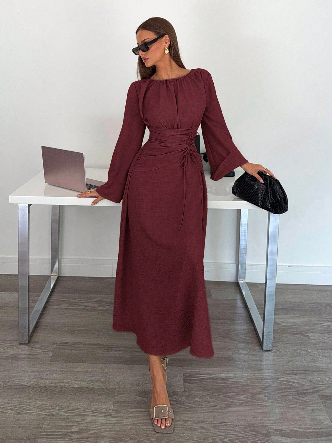 Ladies Max Dress with gathered waist lacing and bell sleeves Mune Fashion
