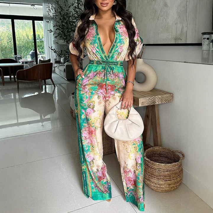Women's satin jumpsuit with shirt collar, deep V-neck, and wide palazzo leg Drune