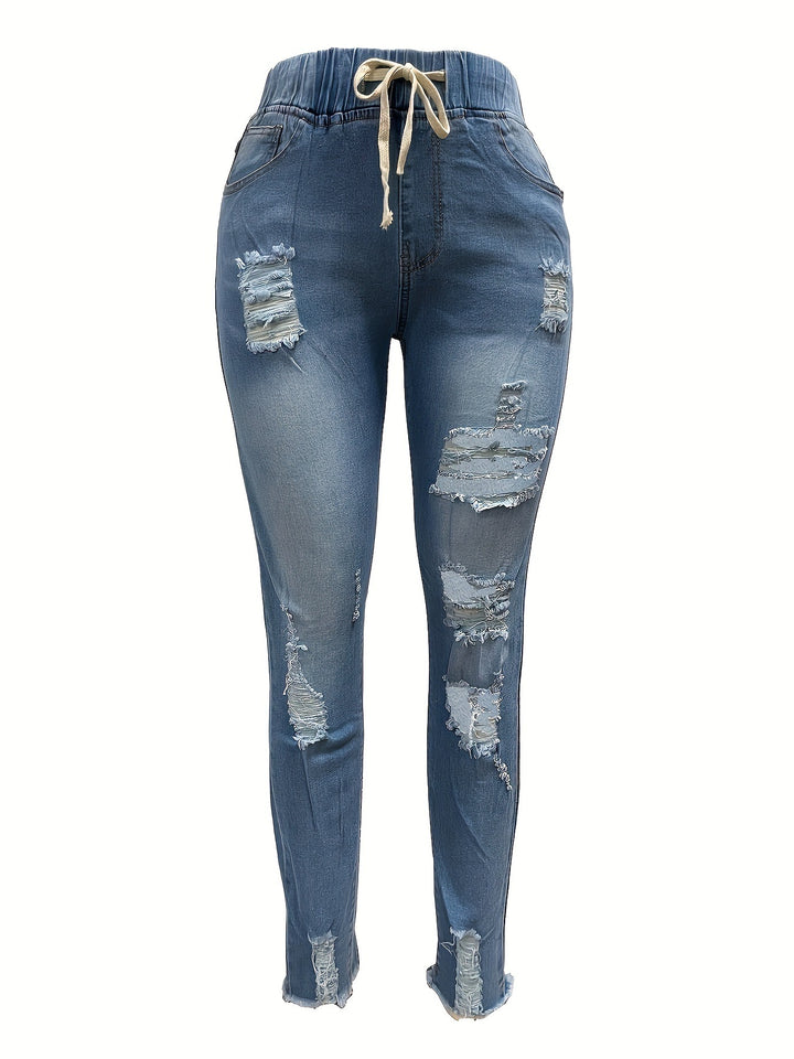 Women's Distressed High-Waist Jogger Jeans with Elastic Waistband, Drawstring and Frayed Ankle Hems Mune Fashion