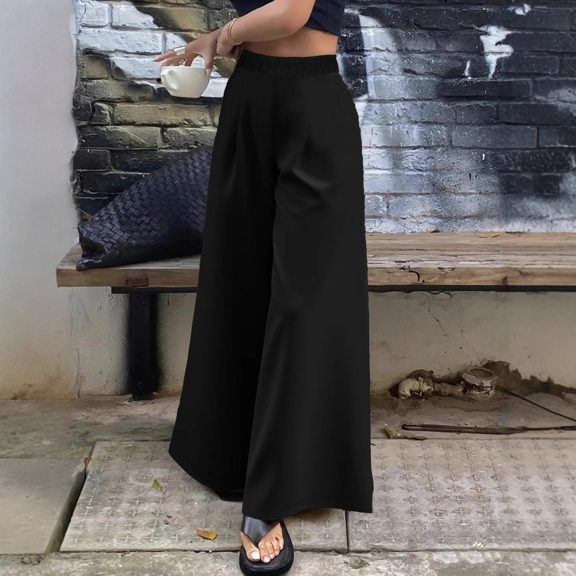 Women's Palazzo Pants with High Elastic Waistband, Wide Leg, and Side Pockets Mune Fashion
