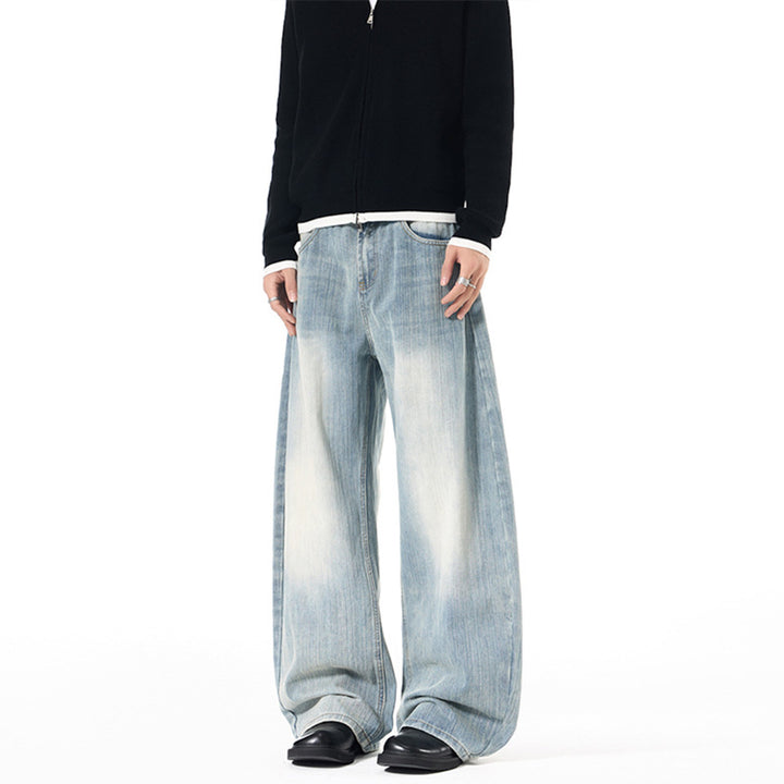 Men's Wide Vintage-inspired Denim Palazzo Pants with Extended Hem and Soft Bleach Effects Mune Fashion