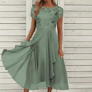 Women's elegant chiffon midi dress with floral lace appliqué and flowing A-line skirt Mune Fashion