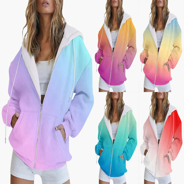 Women Oversize Hoodie Jacket with Gradient Color, Zipper and Kangaroo Pockets Mune Fashion
